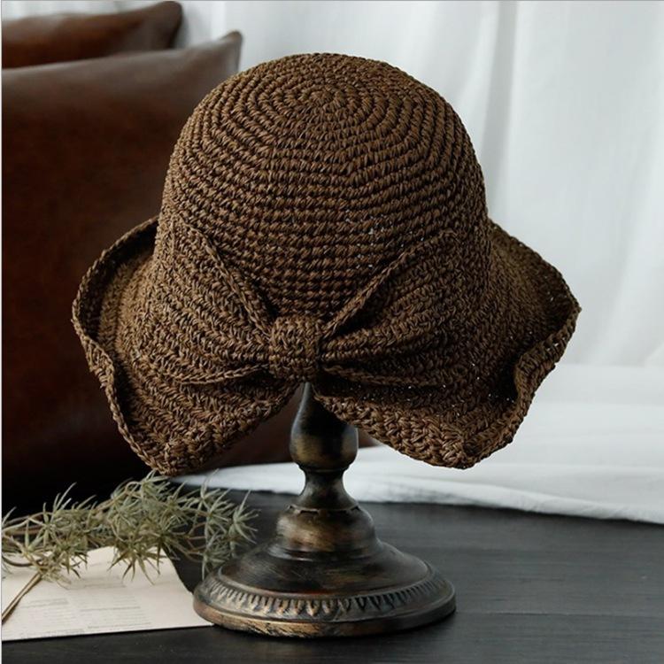 100% Raffia Schleife Sonnenhut Breite Krempe Schlapphüte Damen Strand Panama Stroh Kuppel Eimerhut
