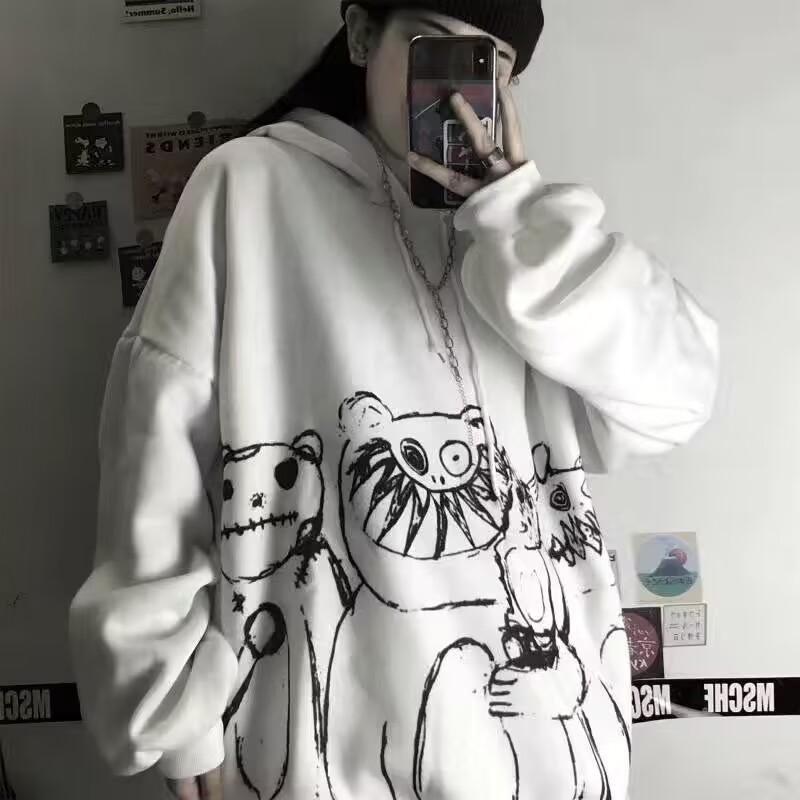 Mikina s kapucí Kawaii Harajuku pro ženy Korejská mikina Prining Mikina Anime Vintage Pink Oversized Mikina s kapucí Roztomilé oblečení Topy pro dívky