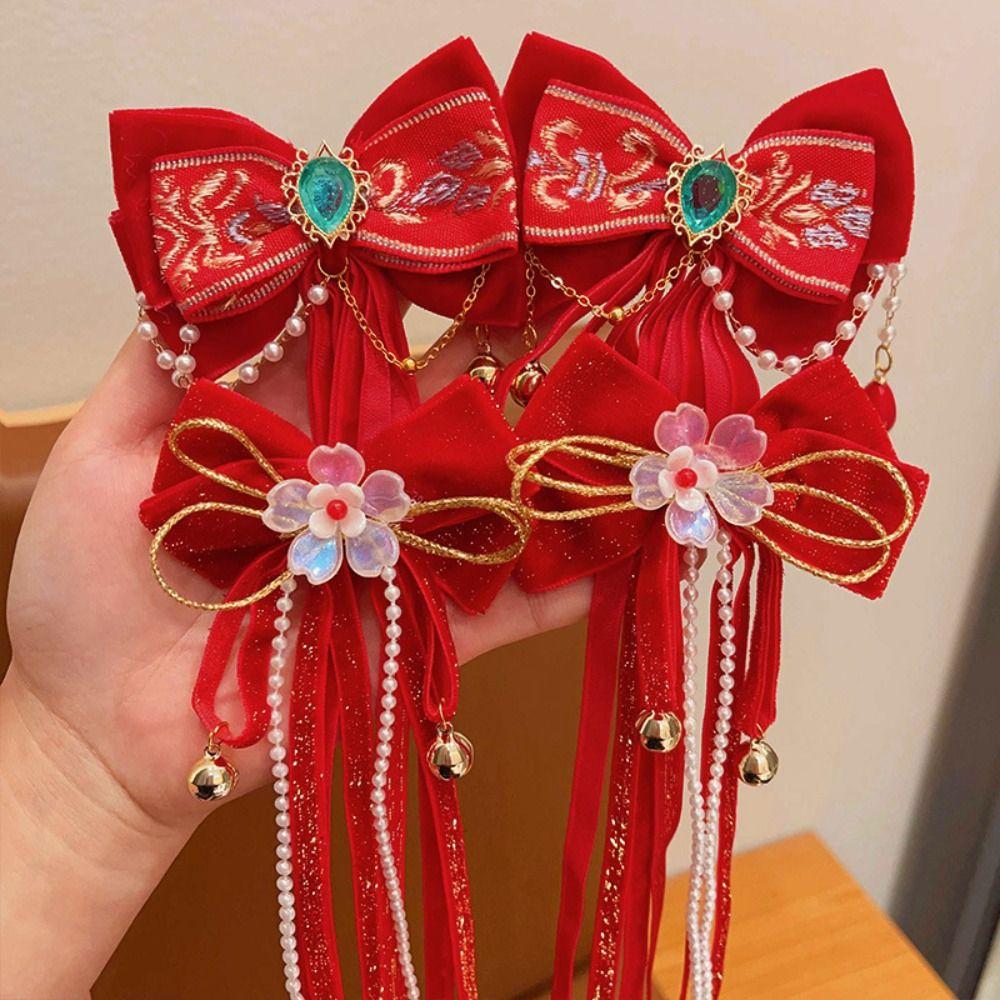 Süße Antiker Stil Kinder Neujahr Haarnadel Rot Prinzessin Neujahr Schleife Haarnadeln Band Quasten Perücke Zopf Mädchen Hanfu Kopfschmuck