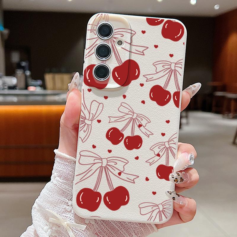 Kirsch Schleife Muster Mattes Slim Case Für Samsung S25 S24 FE S23 Ultra S22 A36 A56 A16 A55 A26 A35 TPU Leder Textur Weiche Stoßfeste Handyhülle