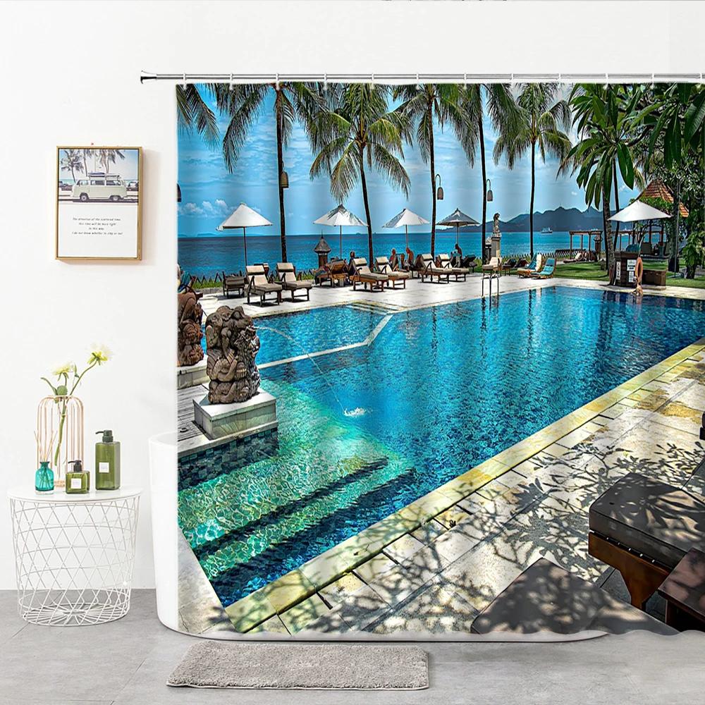 Swimming Pool Pattern Shower Curtain Exotic Ocean Bathroom Curtains Polyester Bathtub Screens Home Decoration with Hook