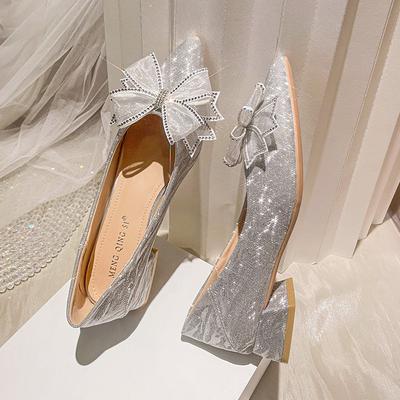 High Heels Women's New Temperament Shallow Mouth Rhinestone Pointed Bridesmaid Shoes Bow Thick Heel Single Shoes