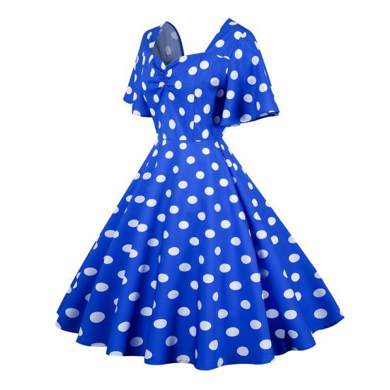 Women Evening Dress Retro Color Matching Dot Print A-line V Neck Big Swing Short Ruffle Sleeves Tight High Waist Back Zipper Party Prom Midi Dress
