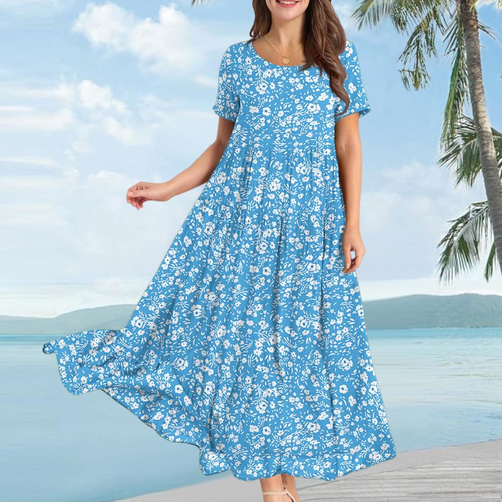 Women Casual Loose Bohemian Floral Dress Short Sleeve Long Maxi Summer Beach Swing Dress