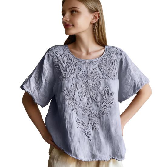 Topuri de damă Gât rotund Mânecă scurtă Imprimeu floral retro Artă Pulover Topuri Croială largă Material moale Casual Cămașă de vară