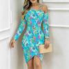 Women Plus Size Asymmetric Cold Shoulder Black Background White Daisy Print Wrap Bodycon Midi Dress