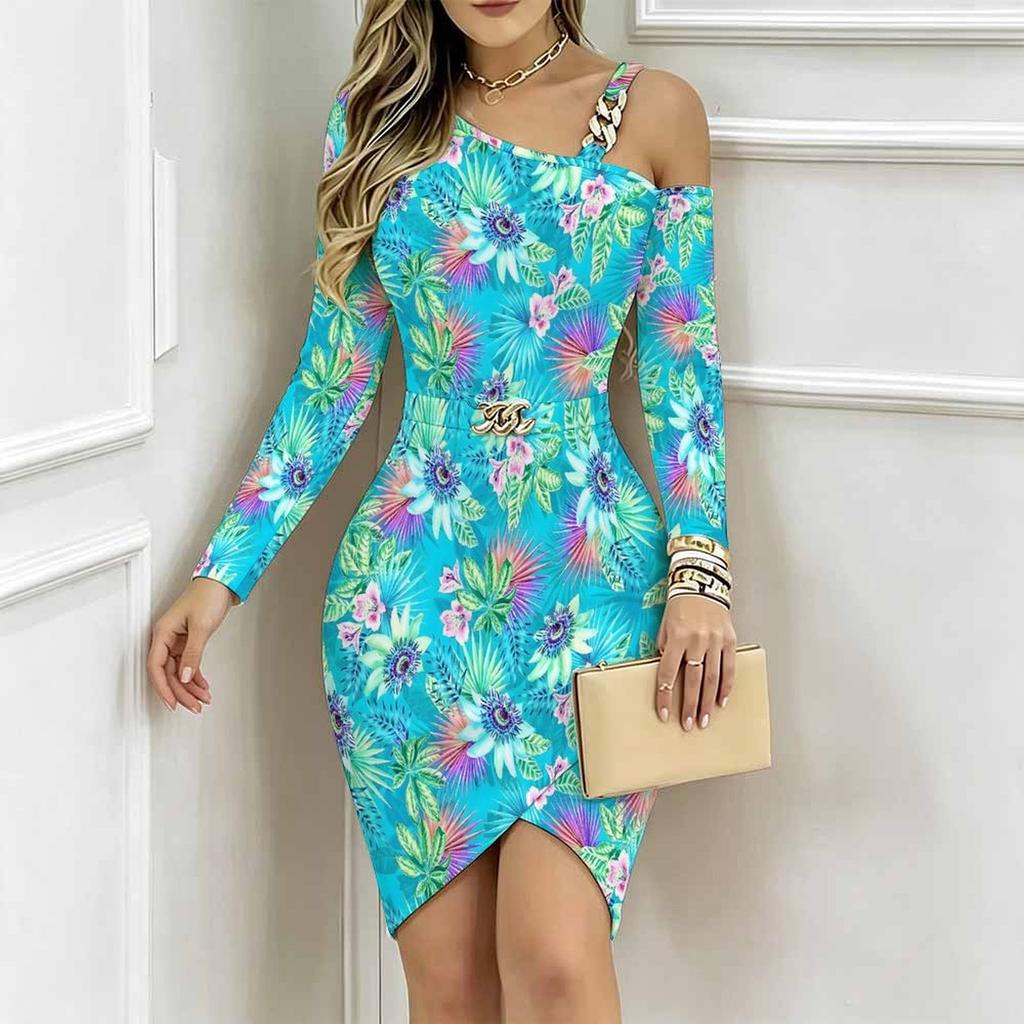 Women Plus Size Asymmetric Cold Shoulder Black Background White Daisy Print Wrap Bodycon Midi Dress