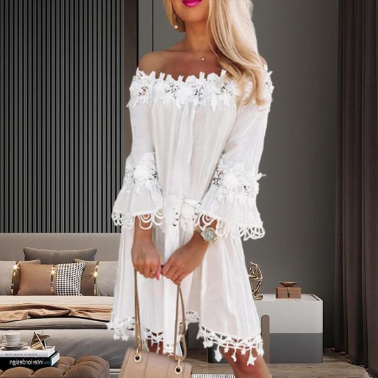 Tube Top Dress Solid Color Lace Stitching Off Shoulder 45720 Sleeves Pullover
