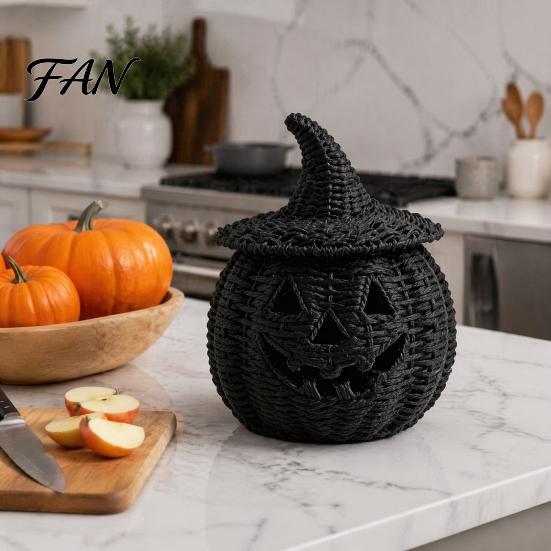 Zwarte Hars Decoratieve Beeldje Nep Rotan Halloween Pompoen Beeldje, met Heks Uniek Mat Beeldje Hoed, Rustiek Vlechtwerk Tafelblad Ornament voor Feest