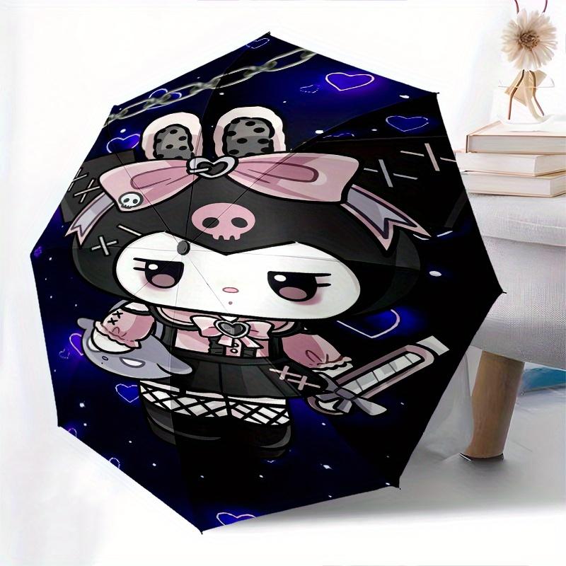 Kuromi Automatic Folding Umbrella-Simple 8-Rib Design, Bright Cartoon Pattern, Durable Iron Frame, Suitable For Travel, Outdoor, Beach-Cute