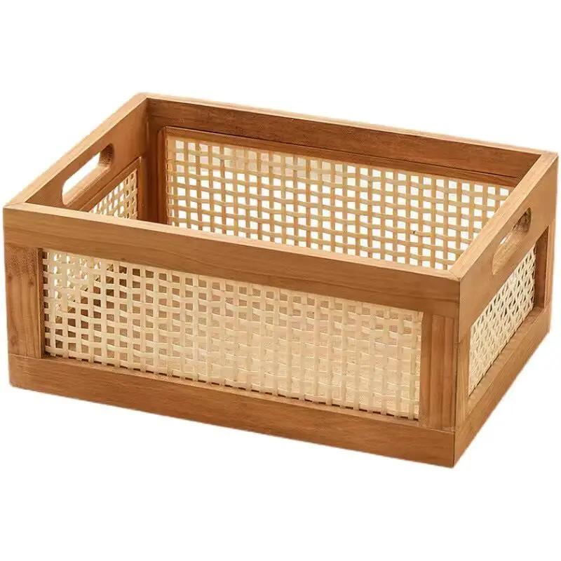 Caja de Almacenamiento Retro de Madera Maciza Cesta de Ratán de Escritorio Libros Aperitivos Fruta Cosméticos Cajas Organizadoras Hogar Baño Cocina Cesta