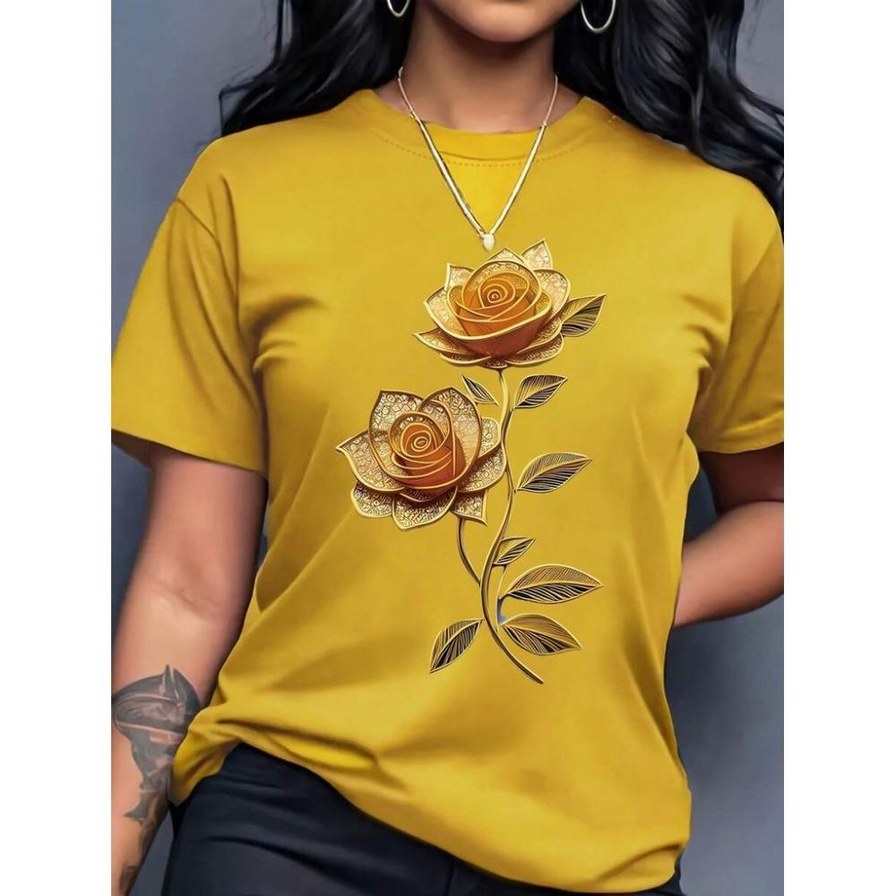 Women's Casual Rose Butterfly Print Round Neck Short Sleeved T-shirt, Summer