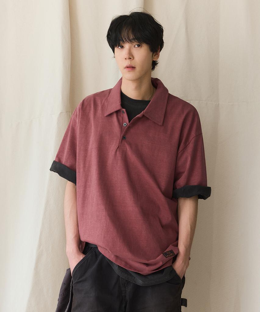RUGGED HOUSE 16-Count Pigment Collared Short Sleeve Tee Wine