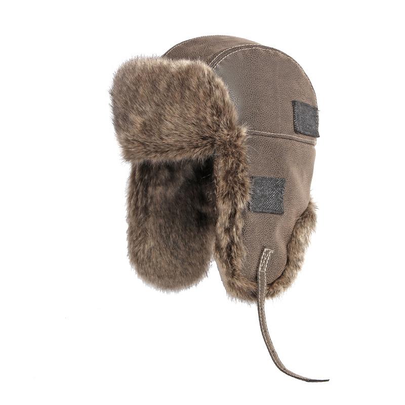 Winter Men's Trendy PU Retro Lei Feng Hat Women's Plush Thickened Warm Ear Protection Outdoor Hiking Cycling Skiing Pilot Hat