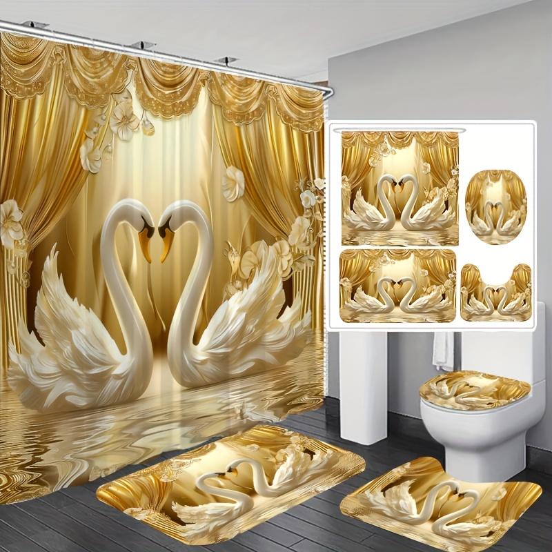 1/4pcs Bathroom Shower Curtain Set Golden 3D Swan Print Bathroom Curtain With 12 Hooks Non Slip Rugs Toilet Cover Mat Bathroom Partition