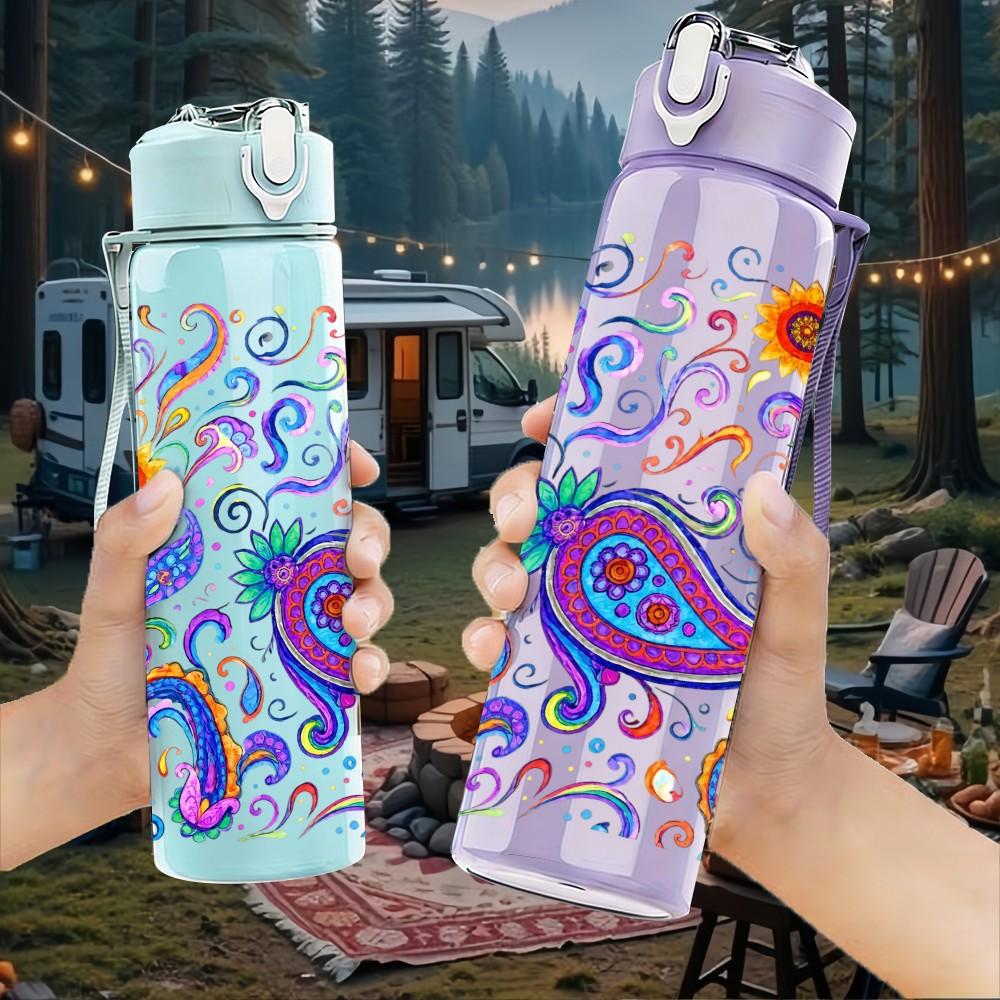 1PC Paisley Boho Mandala 750ml Color Plastic Sports Water Bottle Leakproof Flip Straw Lid Suitable for Sports Office Home Use
