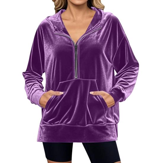 Velvet Hooded Sweatshirt for Women Oversized Long Sleeve Zip Up Hoodie Casual Fall Velour Jacket with Pockets