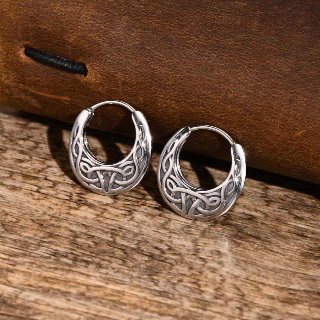 Nordic Viking Knot Hoop Earrings for Men Women, Stainless Steel Huggies, Ethnic Punk Rock Male Ear Jewelry