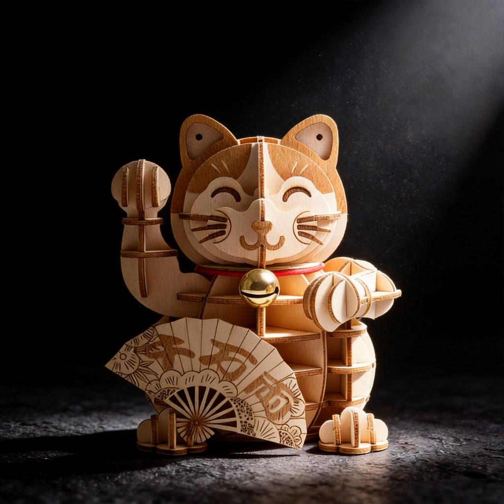 Houten Lucky Cat 3D Puzzelmodel Voor Nieuwjaarsdecoratie En Cadeau Voor Kinderen En Volwassenen
