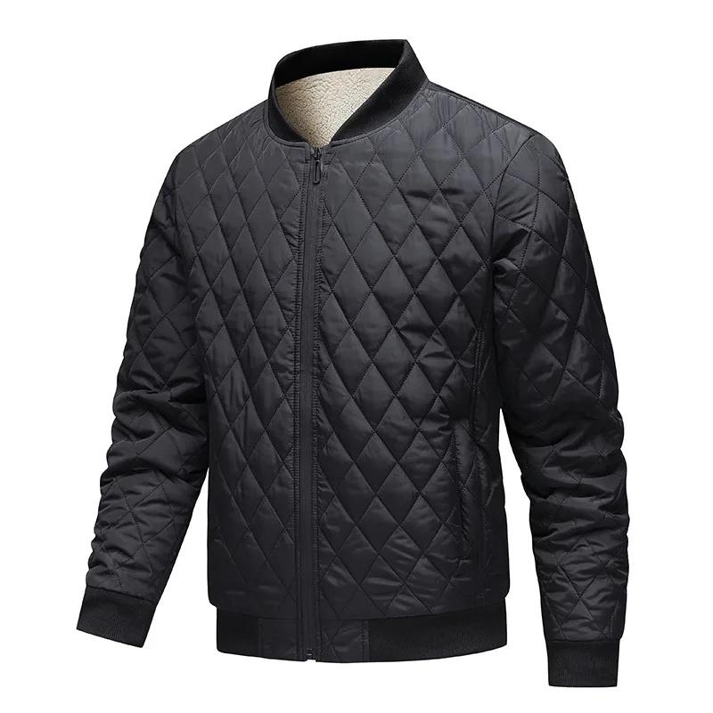 Men's Thickened Fleece Cotton Jacket Autumn Winter Warm Zipper Trendy Diamond Pattern Coat Baseball Collar Men Fashion Overcoat