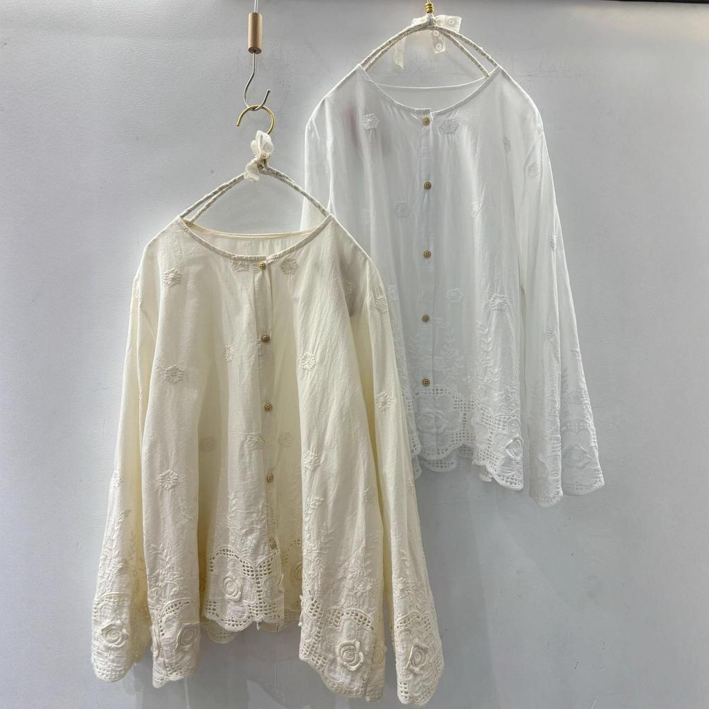 Sweet Mori Girl Embroidered Jacquard Long Sleeve Layering Shirt - Spring/Summer Style