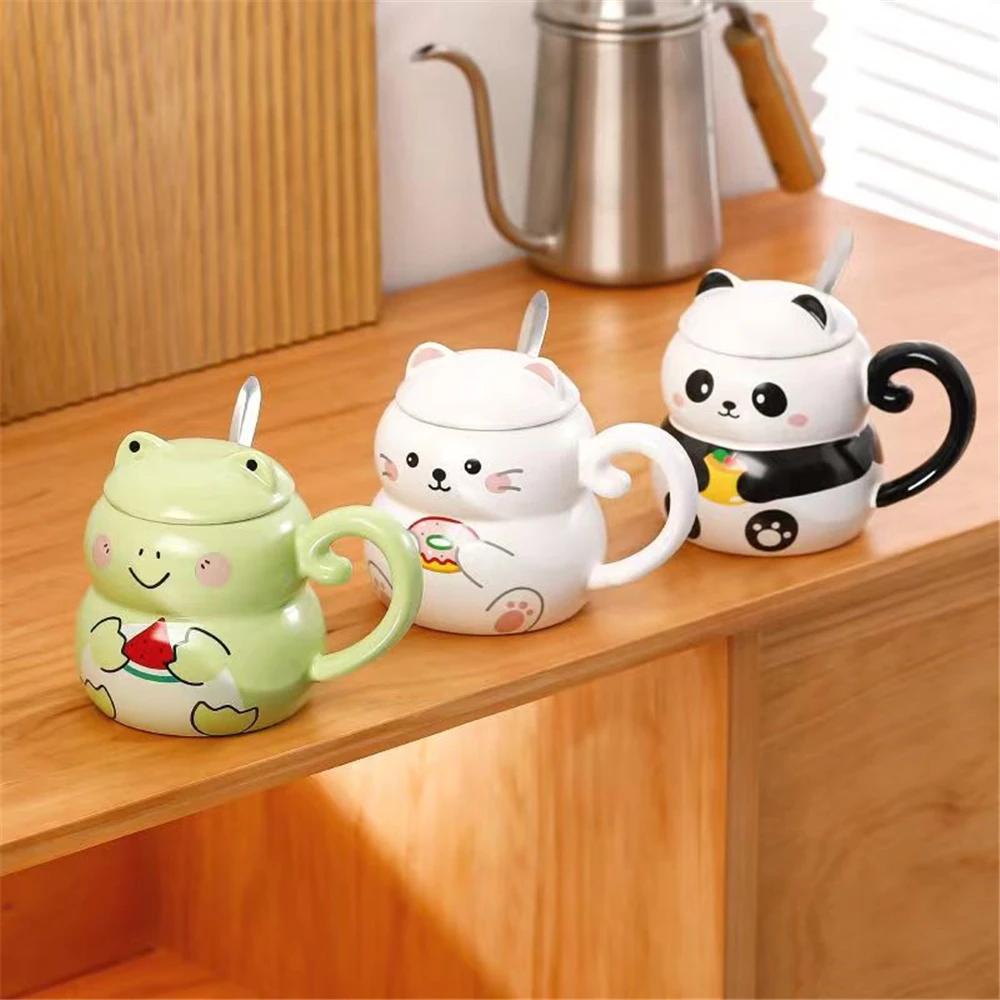 Keramiktasse, süßer Panda, Katze, Kaninchen, lustige Tier-Wassertasse mit Deckel, dekorative Kaffeetasse mit Deckel, Trinkgeschirr für Kinder