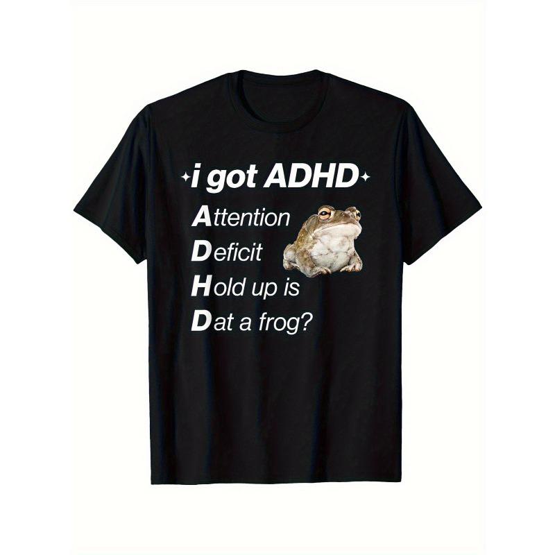 European Sizes Funny ADHD Frog Graphic T-Shirt for Men | Black Casual Round Neck Short Sleeve, Soft Polyester Blend