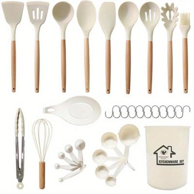 33Piece Set of Wooden Handle Silicone Kitchenware with Storage Bucket Heat-resistant All-around Kitchenware