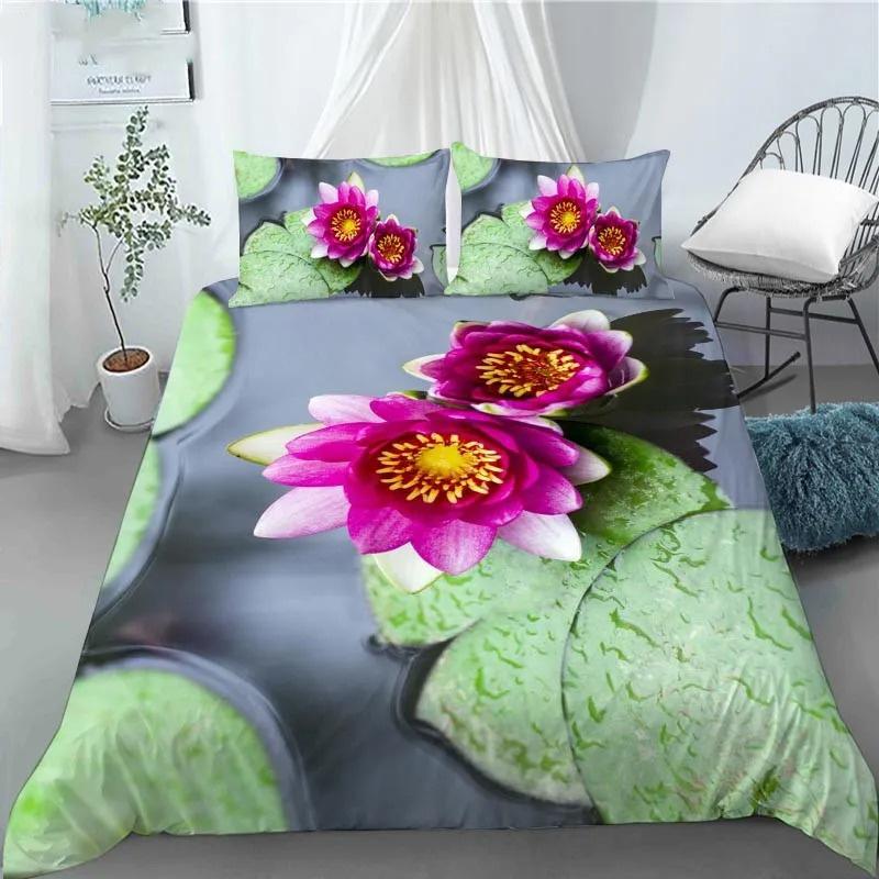 Husă de plapumă cu pictură 3D cu floare de lotus, husă de plapumă din poliester cu fețe de pernă, mărime king, queen pentru copii, adolescenți, adulți, decor pentru pat, cadouri