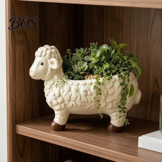 Unique Garden Ornament Curly Sheep Planter Pot, Resin Cute Lamb Flower Decorative Animal Pot Plant for Succulents Cacti Indoor Outdoor Decoration