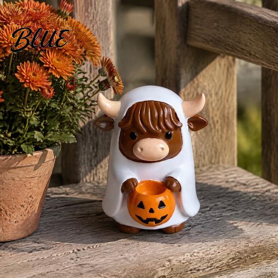 Vivid Resin Figurine Highland Cow Ghost with Pumpkin Candy Bowl Cute Halloween Decorative Holder Tabletop Decor for Farmhouse Home Decoration