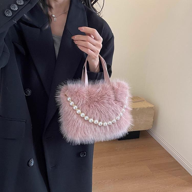 Nouveau Sacs à Main Mini Portables en Peluche Douce Hiver Mode Polyvalent Carré Petit Perle Sac Bandoulière Femme Texture Douce Sacs Messagers Dames