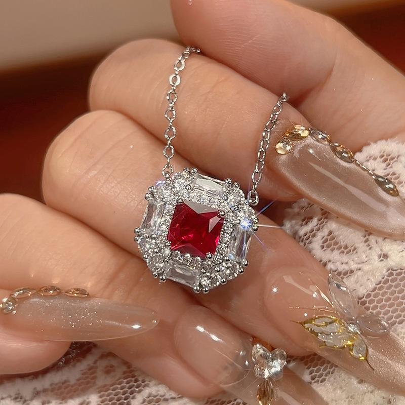 Jewelry Set Jewelry Stud Earrings Necklace Ring Color Treasure Ruby High-end Light Luxury Fashion Women's