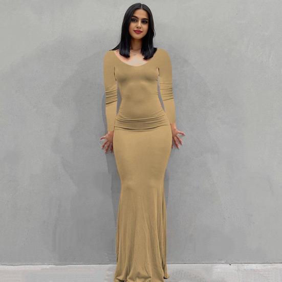Long Sleeve Maxi Dress for Women Fall Casual Crew Neck Long Dress Slim Fit Bodycon Ruched Cocktail Party Dress