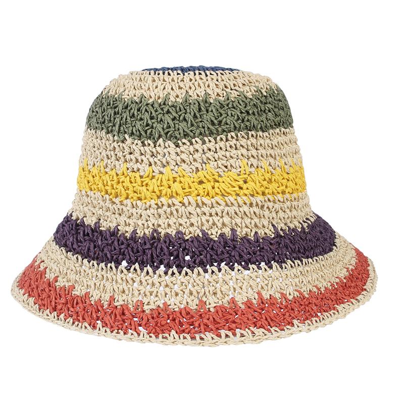 Foldable Rainbow Straw Bucket Hats for Women Spring Summer Ladies Sun Hat Wide Brim Fisherman Hats