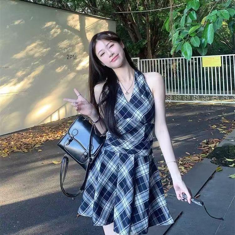 Women's Black & White Plaid V-Neck Halter Tie-Up A-Line Mini Dress, Spring/Summer 2025 Collection - Waist-Cinching, Slimming Fit.