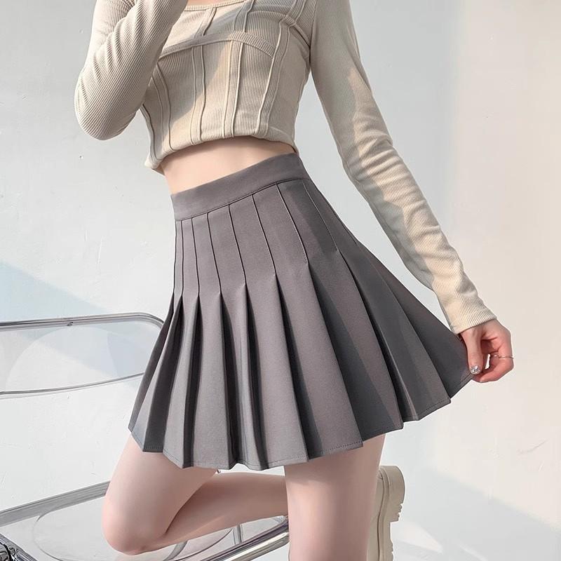 Women's Dark Grey Pleated Skirt High-Waisted Slimming Spring Autumn Short Skirt Petite Casual All-match Versatile A-Line Skirt