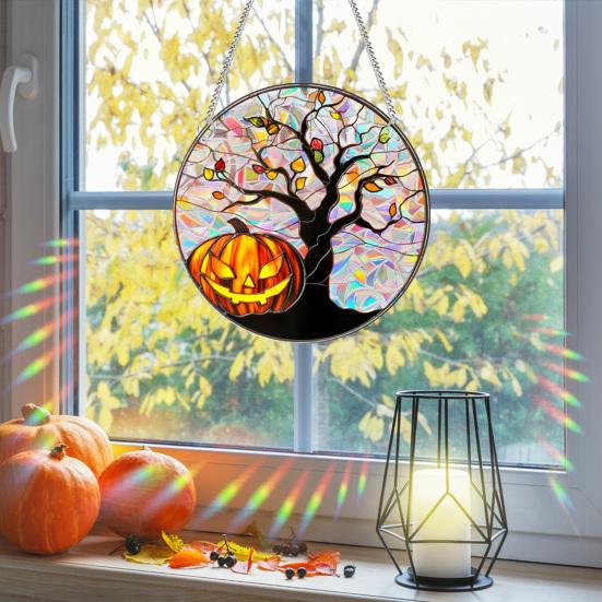 Halloween Suncatcher Hanging Decoration Ghost Pumpkin Witch Black Cat Castle Crow Skull Stained Glass 2D Flat Acrylic Wall Window Hanging Sign
