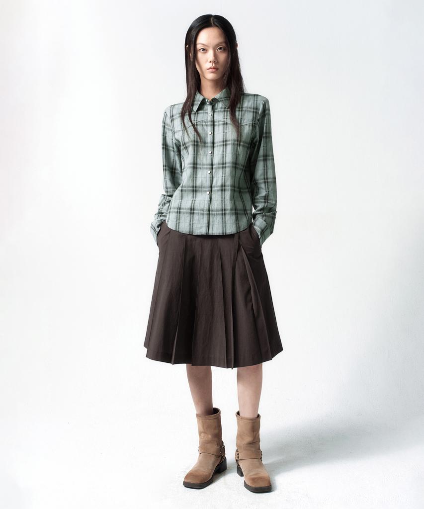Insilence Woman Raw Cotton Pleated Skirt Brown