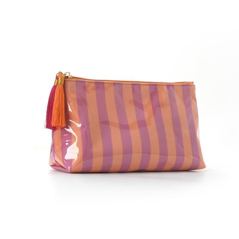 Pvc Striped Cosmetic Bag Makeup Bag With Fringe And Zipper Waterproof Travel Toiletry Bag Makeup Brush Case