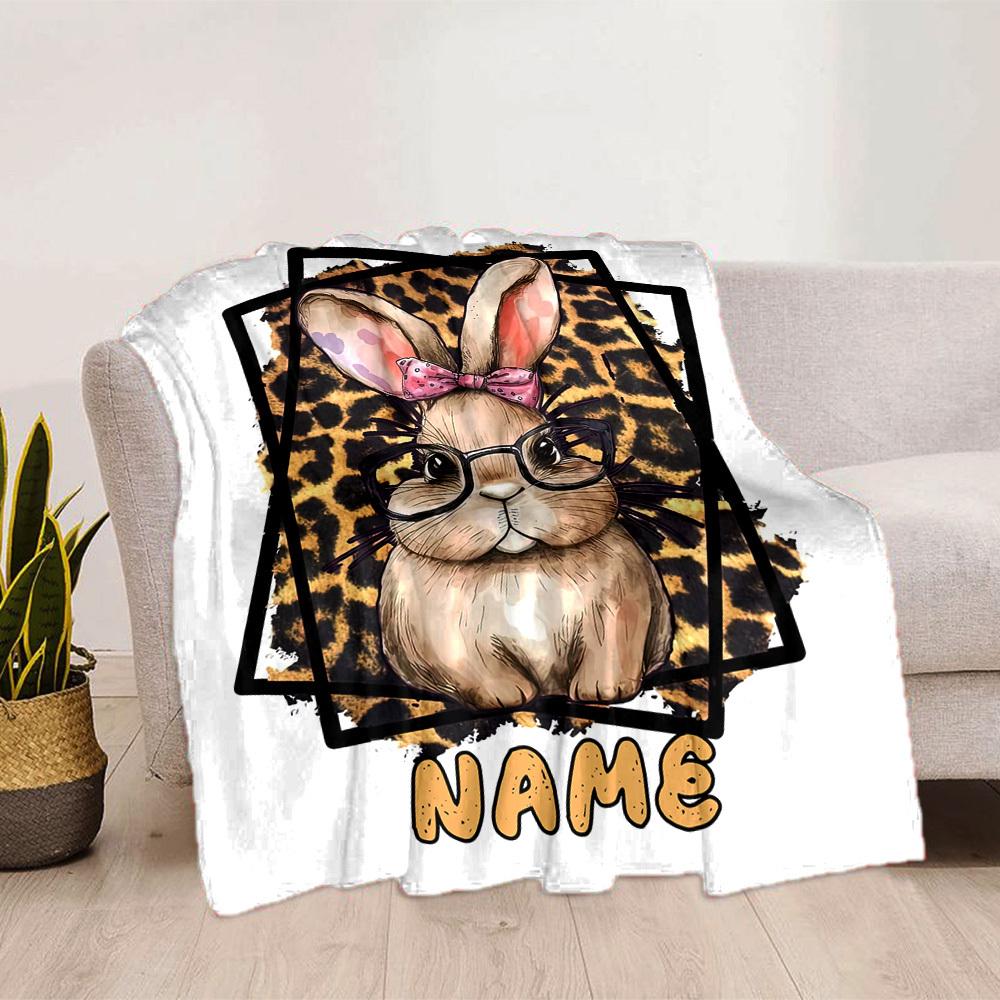 Cute Bunny With Glasses And Bowknot Home Customize Your Name Blankets Soft Cozy Lightweight Allseason Multipurpose Blanket For Picnics Sofas Offices