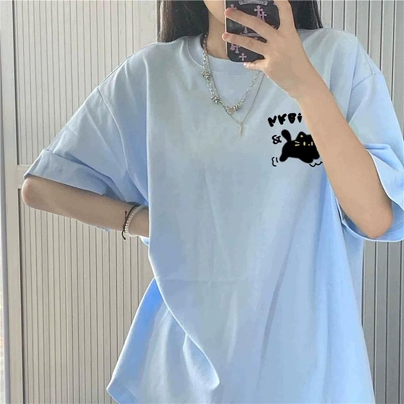 Koszulki z czystej bawełny Kobiety lato uroczy nadruk z kreskówki hip hop Streetwear casualowa koszulka Damska Harajuku Oversize Krótki Rękaw niebieski y2k Topy młoda dziewczyna