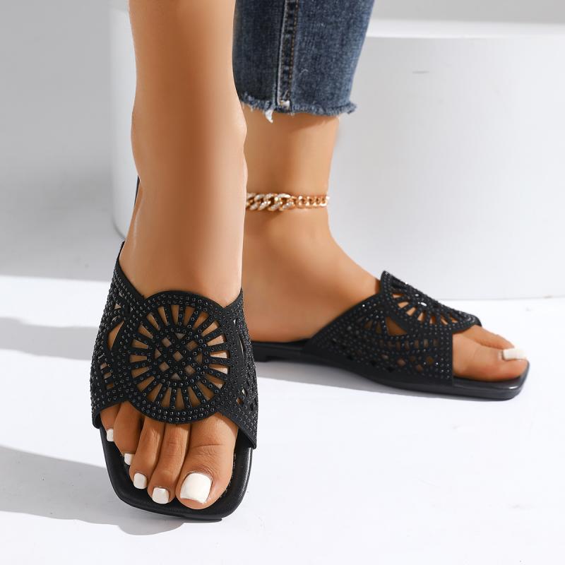 Bohemian Hollow Out Breathable Slides Women Summer Solid Black Glitter Flat Heel Slippers Elegant Square Toe Sandals Size 43