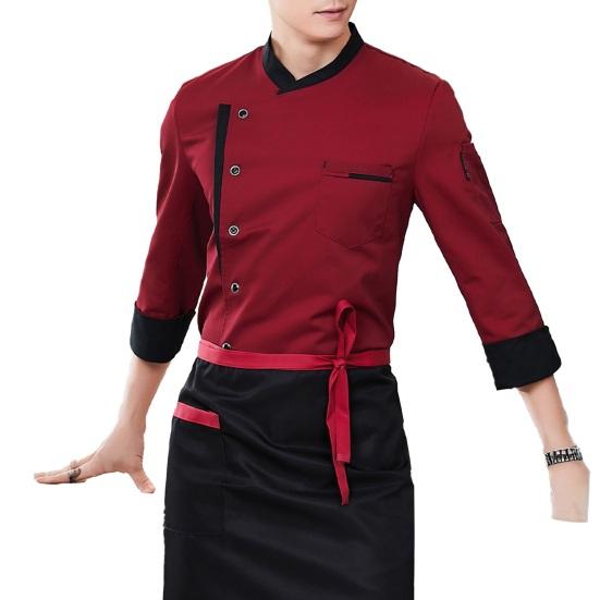 Chef Uniform Apron Set Stand Collar Short Sleeve Wrinkle-Resistant Chef Tops with Multi-Pocket Design Patchwork Color Professional Cooking Wear