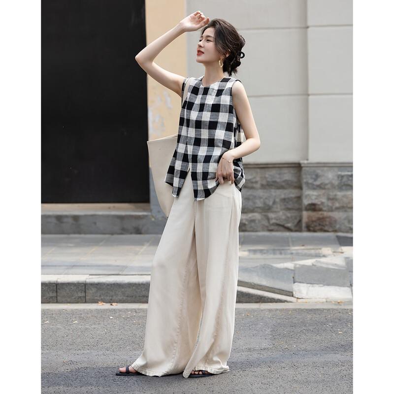 Demana Women's Retro Plaid Sleeveless Cotton Shirt