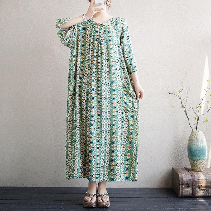 Short Sleeve Plus Size Cotton Vintage Floral New In Dresses for Women Casual Loose Long Summer Dress
