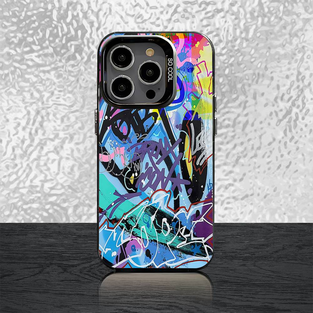 Coole Bunte Graffiti Handyhülle Für iPhone 16,15,14,13,12,11,Pro,XS,Max,Plus,Mini,SE Schwarze Candy Mat Stoßfeste Hülle
