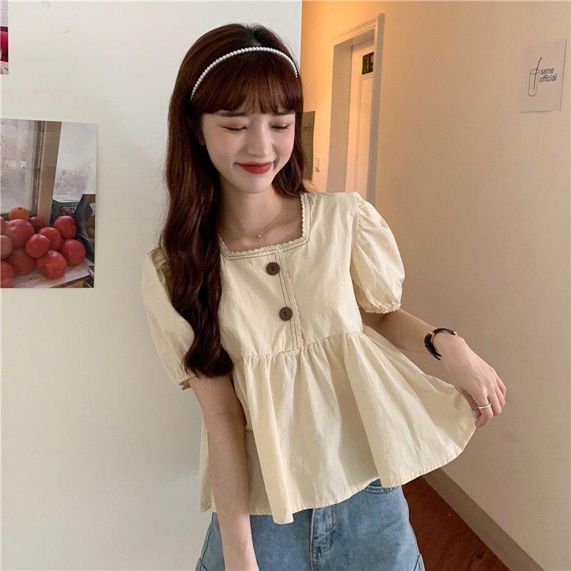 Korte mouwen voor dames Los 2025 Zomer Nieuw Koreaanse Stijl Design Gevoel Poppen Blouse Pofmouw Vierkante Kraag Blouse Kort Topje