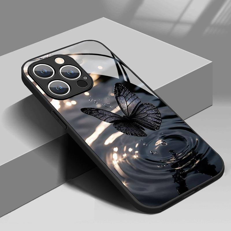 Premium Schwarzes Schmetterlingsmuster Gehärtetes Glas Handyhülle Für iPhone 17 16 15 14 13 12 11 Pro Max 17Air 16E 7 Plus XR XS X Hülle