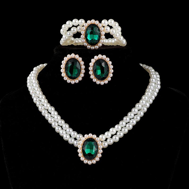 Multi-layer Neck Chain, Double-layer Imitation Pearl Oval Crystal Necklace, Stud Earrings, Bracelet, Three-piece Set.